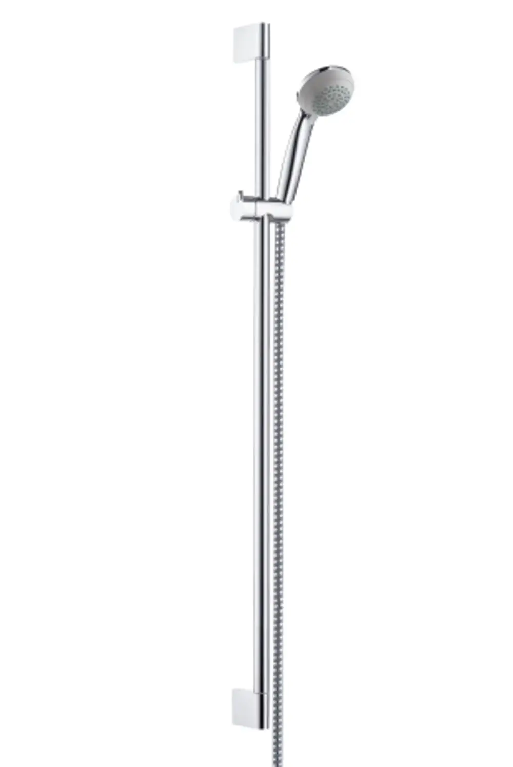 Hansgrohe Duschset mit Chrombrausestange, Handbrause und Schlauch, montiert an der Wand, schlichtes Design, geeignet für Badezimmer.